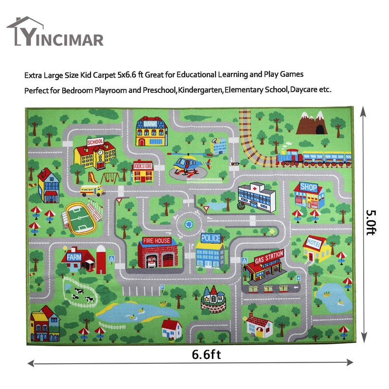 Yincimar Kids Carpet Playmat Rug, 5' x 6'6" Extra Large City Life Educational Car Rug for Baby Toddler Boy Bedroom Playroom - Image 2